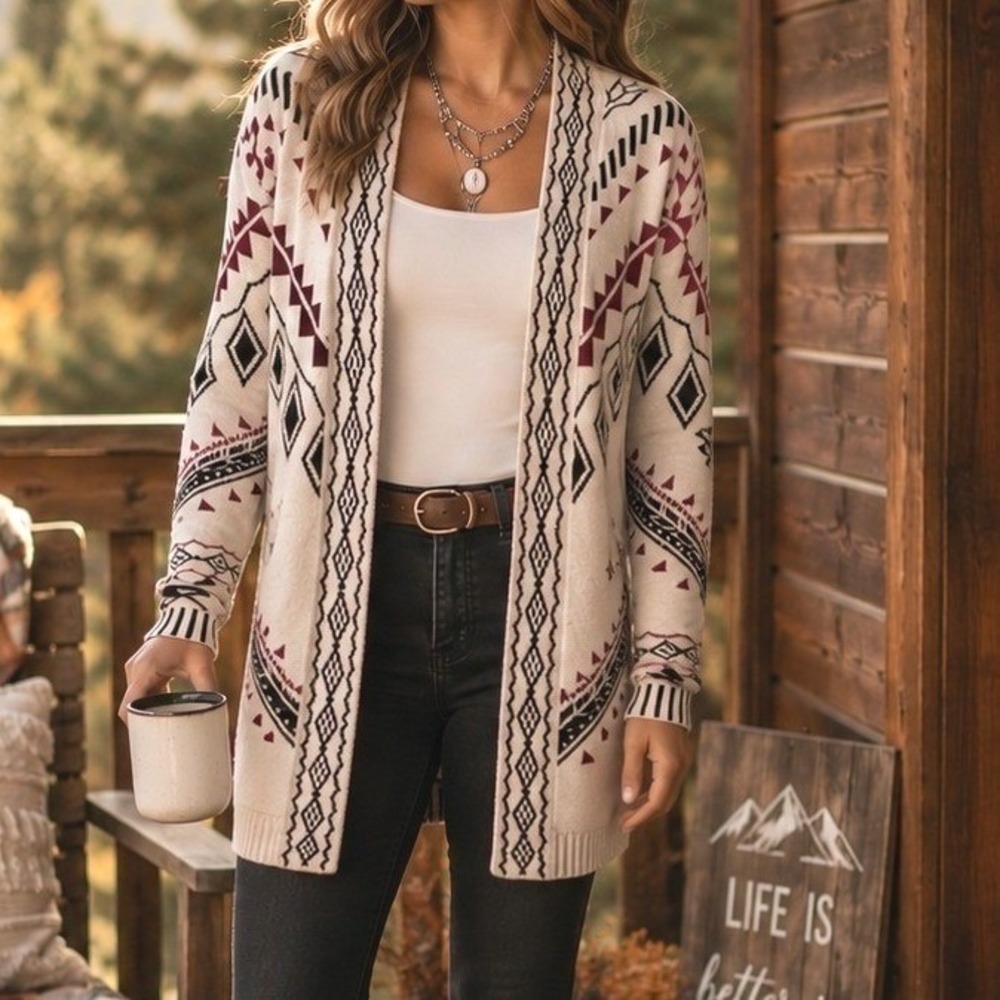 Pink Republic Aztec Geometric Cardigan Sweater Oatmeal Burgundy Black Small